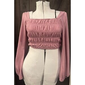 Pie In The Sky Pink Smocked Square Neck Long Sleeve Crop Top M